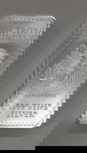 Cuauhtemoc Design 10 Ounce .999 Fine Silver Bar: Cuauhtemoc Design 10 Ounce .999 Fine Silver Bar This Cuauhtemoc Design silver bar is crafted from .999 fine silver, ensuring high purity and quality. Weighing 10 troy ounces, this pre-owned piece is