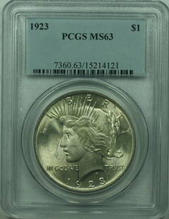 1923 Peace Silver Dollar Coin PCGS MS 63 Uncirculated: 1923 Peace Silver Dollar Coin PCGS MS 63 Uncirculated This 1923 Peace Silver Dollar $1 coin is graded MS 63 by PCGS. Minted in Philadelphia, this uncirculated coin features a stunning design that