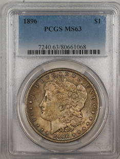 1896 Morgan Silver Dollar Coin PCGS MS 63 Toned Silver Uncirculated: 1896 Morgan Silver Dollar Coin PCGS MS 63 Toned Silver Uncirculated This 1896 Morgan Silver Dollar features a stunning uncirculated finish, certified by PCGS with a grade of MS 63. Struck in