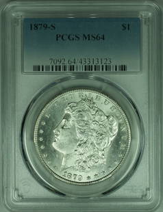 1879-S Morgan Silver Dollar Coin PCGS MS 64 Uncirculated: 1879-S Morgan Silver Dollar Coin PCGS MS 64 Uncirculated This 1879-S Morgan Silver Dollar Coin is a stunning piece, certified by PCGS with a grade of MS 64 indicating its uncirculated condition.