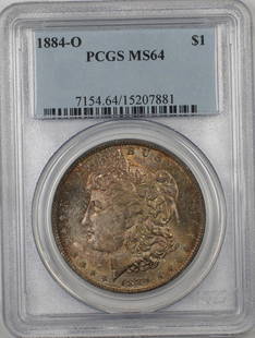 1884-O Morgan Silver Dollar PCGS MS 64 Uncirculated Silver Coin: 1884-O Morgan Silver Dollar PCGS MS 64 Uncirculated Silver Coin This 1884-O Morgan Silver Dollar is a remarkable $1 coin certified by PCGS with a grade of MS 64. Struck in New Orleans, this
