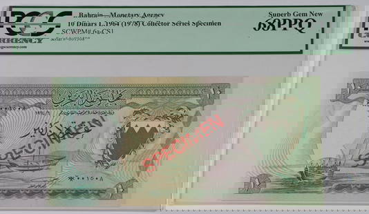 1978 Bahrain 10 Dinars Specimen PCGS 68 EPQ Uncirculated Gem: 1978 Bahrain 10 Dinars Specimen PCGS 68 EPQ Uncirculated Gem This 1978 Bahrain 10 Dinars specimen is a stunning example of currency, graded as Superb Gem New by PCGS, with a remarkable grade of 68 and
