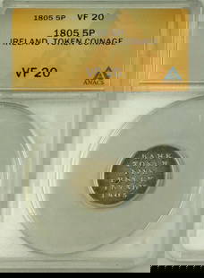 1805 Ireland Silver Five Pence Token Coin ANACS VF 20: 1805 Ireland Silver Five Pence Token Coin ANACS VF 20 This 1805 Ireland Silver Five Pence Token Coin is a remarkable piece of history, certified by ANACS with a grade of VF 20. It features a silver co