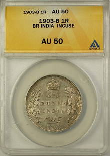 1903-B British India 1 Rupee Coin ANACS AU-50 Certified: 1903-B British India 1 Rupee Coin ANACS AU-50 Certified This 1903-B British India 1 Rupee coin showcases a grade of AU-50, indicating its excellent condition despite being circulated. Certified by ANA