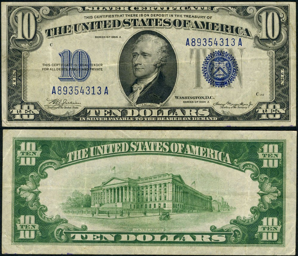 1934-A $10 Silver Certificate Mule Micro BP A-A Block VF+: 1934-A $10 Silver Certificate Mule Micro BP A-A Block VF+ This $10 Silver Certificate from the year 1934-A features the A-A block and is a Mule Micro BP variant. The note is in circulated condition an