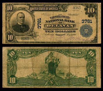 1902 Delavan IL $10 National Bank Note Ch #3781 Circulated: 1902 Delavan IL $10 National Bank Note Ch #3781 Circulated This $10 National Bank Note from Delavan, IL, is a noteworthy addition for collectors. Issued in 1902, this paper bill features a denominatio