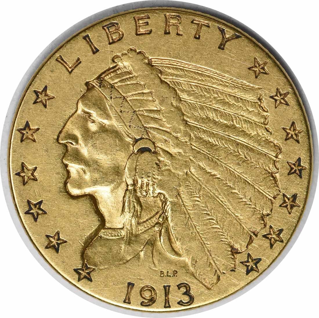 1913 $2.50 Gold Indian Coin by Bela Lyon Pratt XF: 1913 $2.50 Gold Indian Coin by Bela Lyon Pratt XF This 1913 $2.50 Gold Indian coin features an exquisite design by Bela Lyon Pratt, showcasing the classic Indian motif. The coin is composed of 90% gol