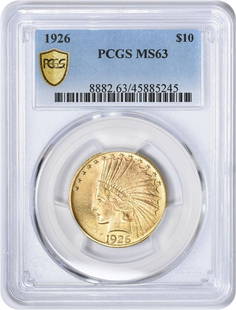 1926 $10 Gold Indian Coin MS63 PCGS Augustus Saint Gaudens Design: 1926 $10 Gold Indian Coin MS63 PCGS Augustus Saint Gaudens Design This exquisite 1926 $10 Gold Indian coin, graded MS63 by PCGS, is a remarkable example of numismatic artistry. Designed by renowned sc