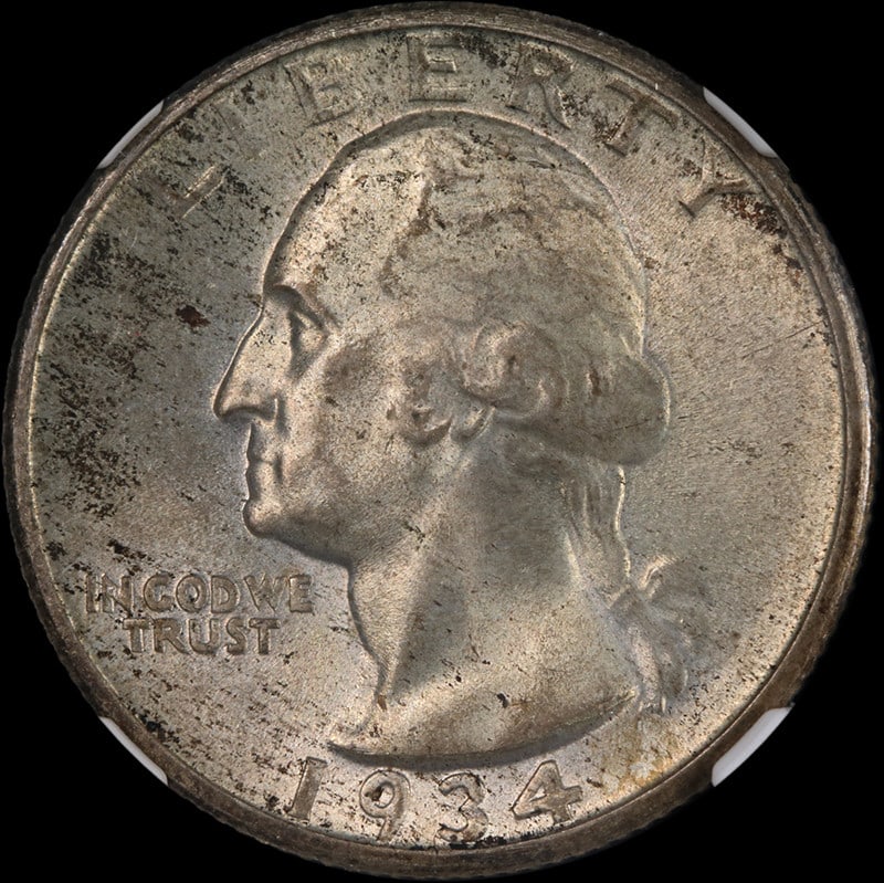 1934-P Washington Quarter Heavy Motto NGC MS65 Uncirculated Coin: 1934-P Washington Quarter Heavy Motto NGC MS65 Uncirculated Coin This 1934-P Washington Quarter showcases the Heavy Motto variety and is graded NGC MS65. This uncirculated coin features a stunning sil