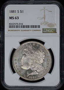 1881-S Morgan Dollar NGC MS63 Uncirculated San Francisco Coin: 1881-S Morgan Dollar NGC MS63 Uncirculated San Francisco Coin This 1881-S Morgan Dollar is a remarkable piece, graded MS63 by NGC, indicating it is in uncirculated condition. Minted in San Francisco,