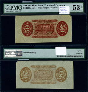 PMG AU53 NET 50c 3rd Issue Fractional Note Wide Margin Error: PMG AU53 NET 50c 3rd Issue Fractional Note Wide Margin Error This is a 50 cent Fractional Note from the 3rd Issue, featuring a notable error with a wide margin back. Graded AU53 NET by PMG, this circu