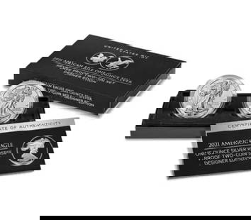 2021 American Eagle 2-Coin Reverse Proof Silver Set with Box & COA: 2021 American Eagle 2-Coin Reverse Proof Silver Set with Box & COA This 2021 2-Coin Reverse Proof Silver Eagle Designer Set features two stunning coins made of .999 fine silver, each containing 1 oz