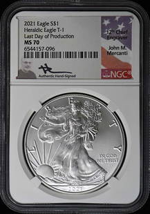 2021 Eagle Heraldic Eagle T-1 Coin NGC MS70 Last Production Day: 2021 Eagle Heraldic Eagle T-1 Coin NGC MS70 Last Production Day This 2021 Eagle Heraldic Eagle T-1 coin is a significant piece from the last day of production, certified by NGC with a pristine grade
