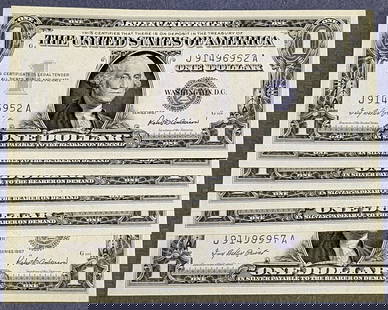 1957 $1 Silver Certificate Set of 6 Consecutive J-A Block Uncirculated: 1957 $1 Silver Certificate Set of 6 Consecutive J-A Block Uncirculated This listing features a 1957 $1 Silver Certificate, noted for its superb gem uncirculated condition. This bill is part of the J-A