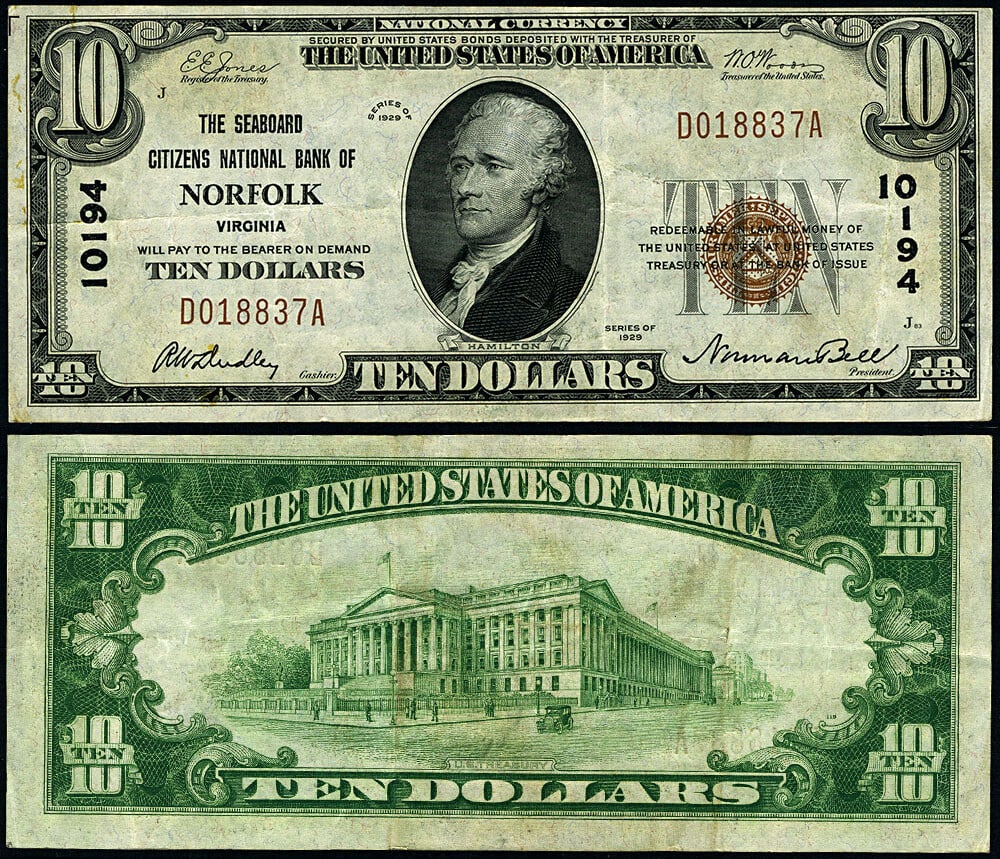 1929 T-1 $10 National Bank Note Seaboard Citizens Norfolk VA: 1929 T-1 $10 National Bank Note Seaboard Citizens Norfolk VA This $10 National Bank Note from Seaboard Citizens, Norfolk, VA, was issued in 1929 and features the T-1 series. It is classified as circul