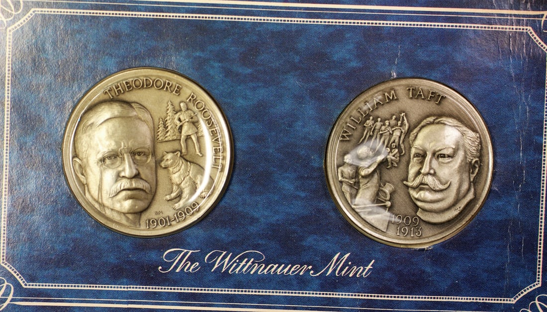 1972 Theodore Roosevelt William Taft Silver Medal Set Uncirculated Wittenauer Mint: 1972 Theodore Roosevelt William Taft Silver Medal Set Uncirculated Wittenauer Mint This remarkable 1972 Silver Medal Set features Theodore Roosevelt and William Taft, produced by The Wittenauer Mint. 