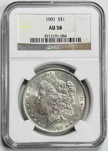 1901 Morgan Silver Dollar NGC AU 58 Certified Silver Coin: 1901 Morgan Silver Dollar NGC AU 58 Certified Silver Coin This 1901 Morgan Silver Dollar is certified by NGC with a grade of AU 58, indicating its high quality within the circulated category. Composed