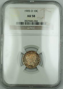1905-O Barber Silver Dime NGC AU 58 Toned Coin: 1905-O Barber Silver Dime NGC AU 58 Toned Coin This 1905-O Barber Silver Dime is a stunning example of early 20th-century minting, certified by NGC with a grade of AU 58. It features beautiful toning