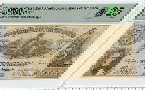 1861 $5 Confederate States PMG VF25 T-37 Currency Note: 1861 $5 Confederate States PMG VF25 T-37 Currency Note This 1861 $5 note from the Confederate States of America is a remarkable piece of history. Certified by PMG with a grade of VF25, this circulated