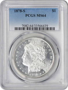 1878-S Morgan Silver Dollar Uncirculated MS64 PCGS Certified: 1878-S Morgan Silver Dollar Uncirculated MS64 PCGS Certified This 1878-S Morgan Silver Dollar is graded MS64 by PCGS, ensuring its exceptional quality as an uncirculated coin. Crafted from 90% silver