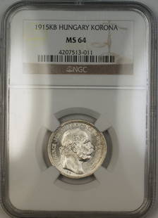 1915-KB Hungary Silver Korona Coin NGC MS 64 Uncirculated: 1915-KB Hungary Silver Korona Coin NGC MS 64 Uncirculated This 1915-KB Hungary Silver Korona Coin is a noteworthy addition for collectors, graded as MS 64 by NGC, ensuring its high quality. This uncir