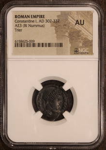Constantine I Billon Nummus 337 AD NGC AU Roman Coin: Constantine I Billon Nummus 337 AD NGC AU Roman Coin This AE3 or BI nummus features Constantine I the Great, who ruled from AD 307 to 337. Struck in billon, this coin dates back to 337 AD and represen