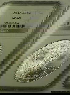 1996 US Silver Eagle ASE $1 Coin NGC MS69 1 Ozt .999 Pure Silver: 1996 US Silver Eagle ASE $1 Coin NGC MS69 1 Ozt .999 Pure Silver This 1996 US American Silver Eagle ASE $1 Coin is a stunning addition to any collection. Struck from 1 Ozt of pure .999 silver, it carr