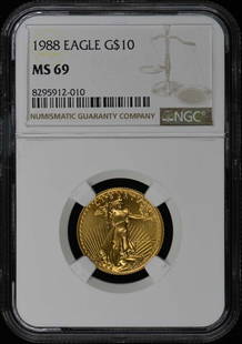 1988 Eagle G$10 Coin NGC MS69 Certified Authentic: 1988 Eagle G$10 Coin NGC MS69 Certified Authentic This 1988 Eagle G$10 coin is certified by NGC with a remarkable MS69 grade, indicating its exceptional quality. The certification number is 8295912010