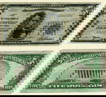 1929 T-1 Pittsburgh PA $5 National Bank Note Circulated Uncertified: 1929 T-1 Pittsburgh PA $5 National Bank Note Circulated Uncertified This $5 National Bank Note from Pittsburgh, PA, is a remarkable piece from the year 1929 T-1. Graded Fine+, it features a
