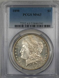 1898 Morgan Silver Dollar Coin PCGS MS-63 Toned Reverse Silver: 1898 Morgan Silver Dollar Coin PCGS MS-63 Toned Reverse Silver This 1898 Morgan Silver Dollar Coin is a stunning example graded MS-63 by PCGS, showcasing its uncirculated condition. Minted in