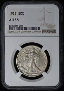 1935 NGC AU58 Walking Liberty Half Dollar 50C Philadelphia Mint: 1935 NGC AU58 Walking Liberty Half Dollar 50C Philadelphia Mint This 1935 Walking Liberty Half Dollar, graded AU58 by NGC, is a stunning example of American coinage. Struck at the Philadelphia mint, t