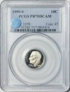 1999 S Roosevelt Dime PCGS PR 70 Uncirculated Proof: 1999 S Roosevelt Dime PCGS PR 70 Uncirculated Proof This 1999 S Roosevelt Dime, certified by PCGS, showcases a perfect PR 70 grade, indicating an uncirculated condition with a brilliant proof