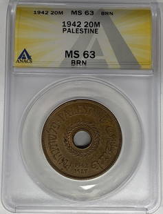 1942 Palestine 20 Mils Coin ANACS MS 63 Brown Grade: 1942 Palestine 20 Mils Coin ANACS MS 63 Brown Grade This 1942 Palestine 20 Mils coin features a denomination of 20 Mils and is graded MS 63 by ANACS. The coin is classified with a brown (BN) color