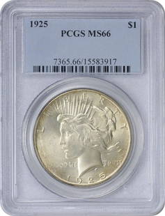 1925 Peace Silver Dollar MS66 PCGS Uncirculated Coin: 1925 Peace Silver Dollar MS66 PCGS Uncirculated Coin This 1925 Peace Silver Dollar is graded MS66 by PCGS, indicating its exceptional uncirculated condition. Struck at the Philadelphia Mint, this