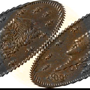 1836 Large Cent Copper Choice AU/BU Superb Eye Appeal Strong Strike: 1836 Large Cent Copper Choice AU/BU Superb Eye Appeal Strong Strike This 1836 Large Cent is graded as Choice AU/BU, showcasing superb eye appeal and a strong strike. Made of copper, this coin is a
