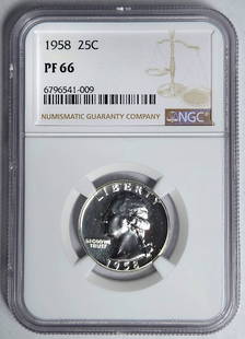 1958 P Washington Quarter NGC PF 66 Silver Proof Coin: 1958 P Washington Quarter NGC PF 66 Silver Proof Coin This 1958 P Washington Quarter is graded PF 66 by NGC, indicating its high-quality proof finish. Composed of silver, this uncirculated quarter
