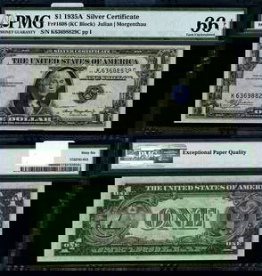 1935-A $1 Silver Certificate K-C Block PMG CU66 EPQ Gem: 1935-A $1 Silver Certificate K-C Block PMG CU66 EPQ Gem This 1935-A $1 Silver Certificate, graded CU66 EPQ by PMG, is a stunning gem of American currency. Featuring the K-C block, this uncirculated no