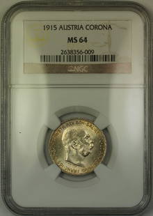 1915 Austria Silver Corona Coin NGC MS 64 Uncirculated: 1915 Austria Silver Corona Coin NGC MS 64 Uncirculated This 1915 Austria Silver Corona Coin is certified by NGC with a grade of MS 64, indicating its uncirculated condition. Made of silver, this coin