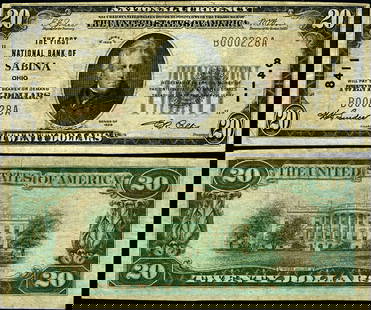1929 T-1 $20 National Bank Note Ch #8411 VF Circulated: 1929 T-1 $20 National Bank Note Ch #8411 VF Circulated This $20 National Bank Note from 1929, designated as Type T-1, features the serial number Ch #8411. Graded as VF (Very Fine), this note is in cir