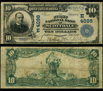1902 PB Scottdale PA $10 National Bank Note Ch #4098 Circulated: 1902 PB Scottdale PA $10 National Bank Note Ch #4098 Circulated This $10 National Bank Note from 1902, issued by the Scottdale PA First National Bank (Ch #4098), is a fine example of early American cu