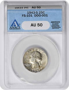 1943-S Washington Quarter DDO AU50 Silver ANACS Certified: 1943-S Washington Quarter DDO AU50 Silver ANACS Certified This 1943-S Washington Quarter is a notable collectible featuring a Doubled Die Obverse (DDO) with an AU50 grade certified by ANACS. Minted in