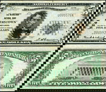 1929 T-1 $5 National Bank Note Myerstown PA Ch #5241: 1929 T-1 $5 National Bank Note Myerstown PA Ch #5241 This offering features a $5 National Bank Note from Myerstown, Pennsylvania, issued in 1929 (Type T-1). The note is in Very Fine Plus (VF+) conditi
