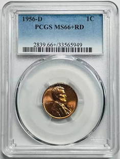 1956 D Lincoln Wheat Penny PCGS MS66+ RD Uncirculated Copper Coin: 1956 D Lincoln Wheat Penny PCGS MS66+ RD Uncirculated Copper Coin This 1956 D Small Cents Lincoln Wheat Penny is a remarkable piece, certified by PCGS with a grade of MS 66+ Plus RD Red, indicating it