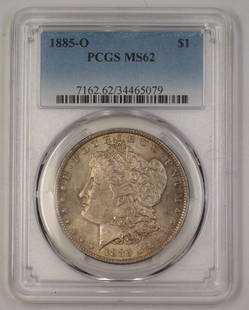 1885-O Morgan Silver Dollar Coin PCGS MS62 Uncirculated: 1885-O Morgan Silver Dollar Coin PCGS MS62 Uncirculated This 1885-O US Morgan Silver Dollar is a remarkable find for collectors. Struck at the New Orleans Mint, this uncirculated coin is graded MS
