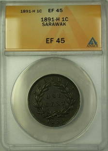 1891-H Sarawak 1 Cent Coin ANACS XF 45 Certified: 1891-H Sarawak 1 Cent Coin ANACS XF 45 Certified This 1891-H Sarawak 1 Cent Coin is certified by ANACS and graded as EF 45, indicating its excellent condition with minor signs of wear. A remarkable