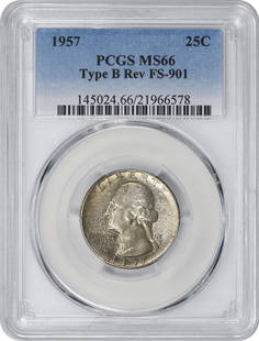 1957 Washington Silver Quarter MS66 PCGS Type B Reverse 90% Silver: 1957 Washington Silver Quarter MS66 PCGS Type B Reverse 90% Silver This 1957 Washington Silver Quarter features the Type B Reverse and is graded MS66 by PCGS, signifying its outstanding quality.