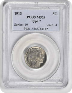 1913 Buffalo Nickel Type 2 MS65 Certified PCGS Uncirculated: 1913 Buffalo Nickel Type 2 MS65 Certified PCGS Uncirculated This 1913 Buffalo Nickel Type 2 is a remarkable piece certified by PCGS with a grade of MS65, indicating its high quality. This