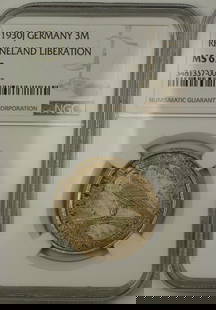 1930 Germany Rhineland Liberation Silver Coin NGC MS62: 1930 Germany Rhineland Liberation Silver Coin NGC MS62 This is a 1930 Germany Rhineland Liberation Three Marks silver coin, certified by NGC with a grade of MS 62, indicating an uncirculated condition