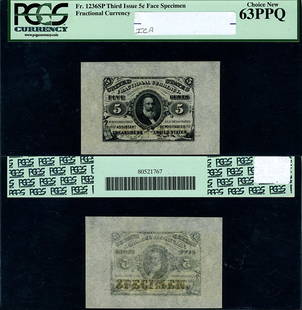 5c 3rd Issue Fractional Note Wide Margin PCGS CU63 PPQ: 5c 3rd Issue Fractional Note Wide Margin PCGS CU63 PPQ This is a 5 cent Fractional Note from the 3rd Issue, graded CU63 PPQ by PCGS, indicating it is a Choice uncirculated note. It features a wide mar