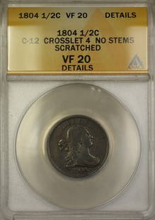 1804 Draped Bust 1/2c Coin Crosslet 4 ANACS VF-20 Certified: 1804 Draped Bust 1/2c Coin Crosslet 4 ANACS VF-20 Certified This 1804 Draped Bust 1/2 cent coin is a remarkable piece of numismatic history. Certified by ANACS with a grade of VF-20, this coin feature